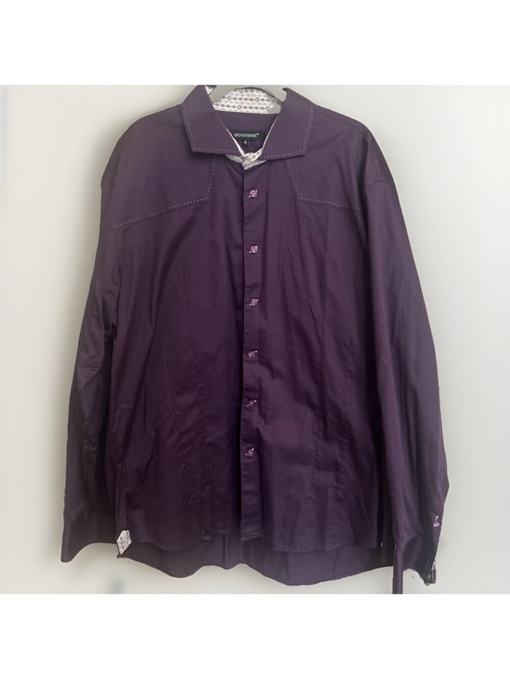 Bogosse men's long sleeve Flip Cuff Leather Tab Purple Aramis shirt Size 8 4XL